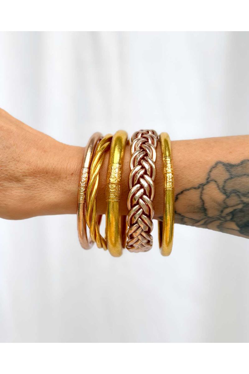 Set of 6 Buddhist bangles Silver and Champagne