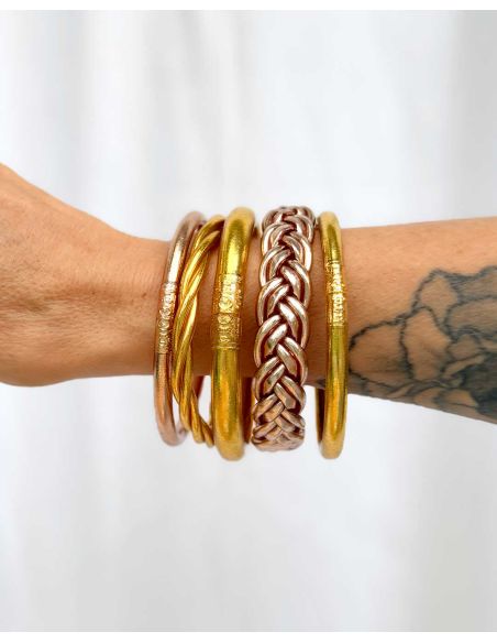 Set of 6 Buddhist bangles Silver and Champagne
