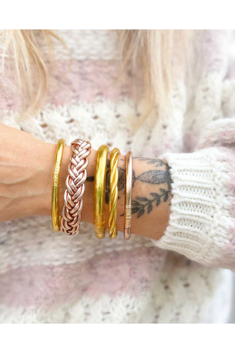 Set of 6 Buddhist bangles Silver and Champagne