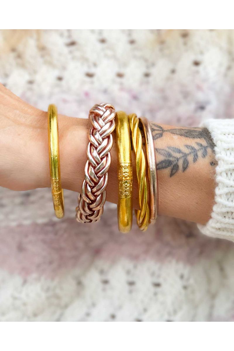 Set of 6 Buddhist bangles Silver and Champagne