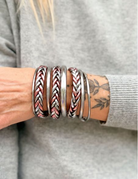 Jonc Bouddhiste tressé multicolore Rose argenté
