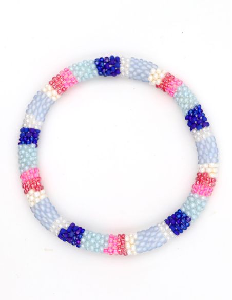 Bracelet Népalais O98 Bleu nuit Blanc Rose