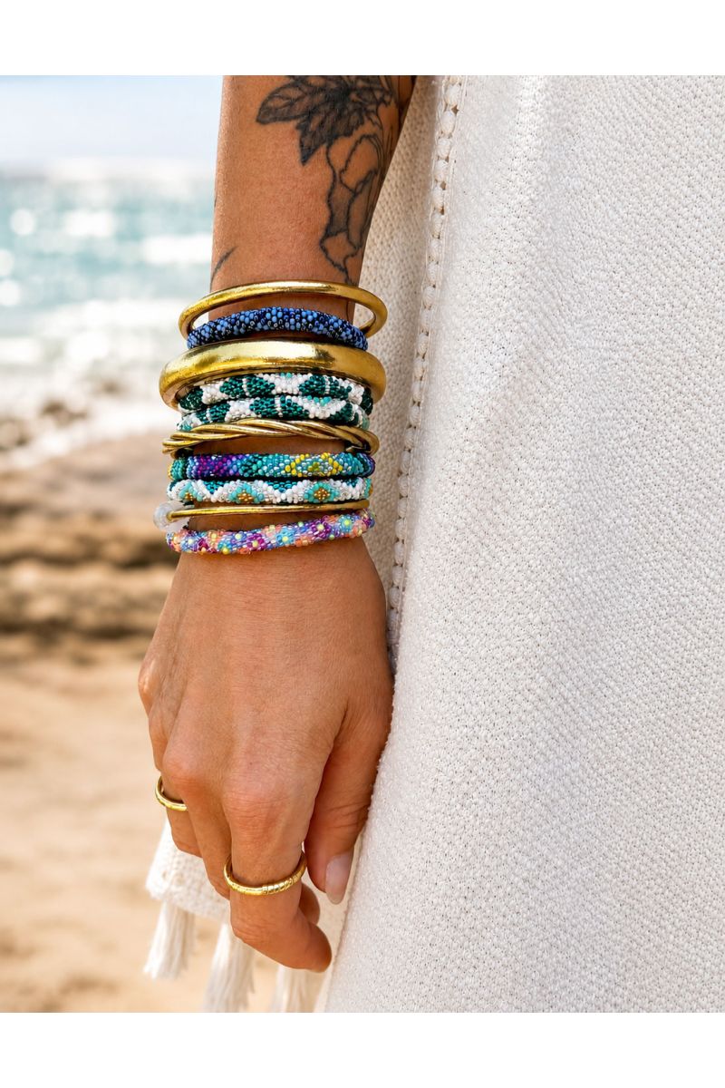 Nepalese Bracelet O103 Turquoise Blanc Doré
