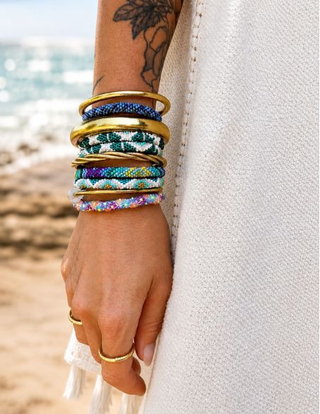 Bracelet Népalais O103 Turquoise Blanc Doré