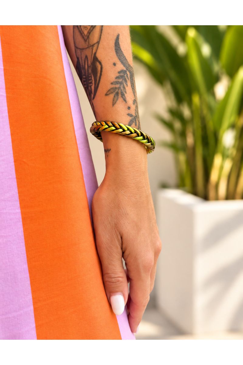 Jonc Bouddhiste tressé multicolore Olive et Bronze