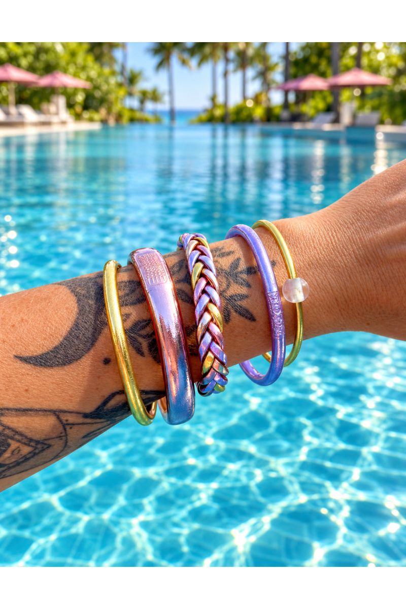 Jonc Bouddhiste tressé multicolore Mauve et Doré