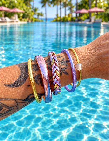 Jonc Bouddhiste tressé multicolore Mauve et Doré