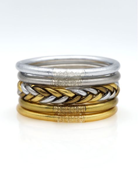 Set of 5 Buddhist bangles Gold and Dark Silver