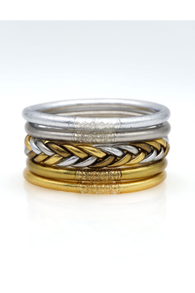 Set of 5 Buddhist bangles Gold and Dark Silver