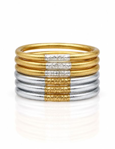 Set of 6 Buddhist bangles, two-tone SILVER and GOLD