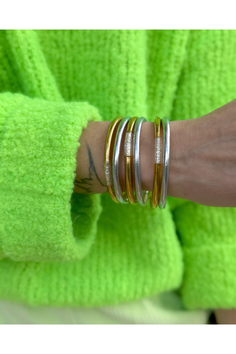 Set of 6 Buddhist bangles, two-tone SILVER and GOLD