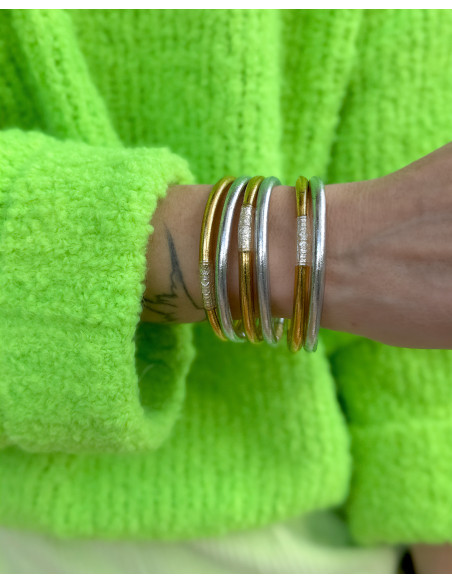 Set of 6 Buddhist bangles, two-tone SILVER and GOLD