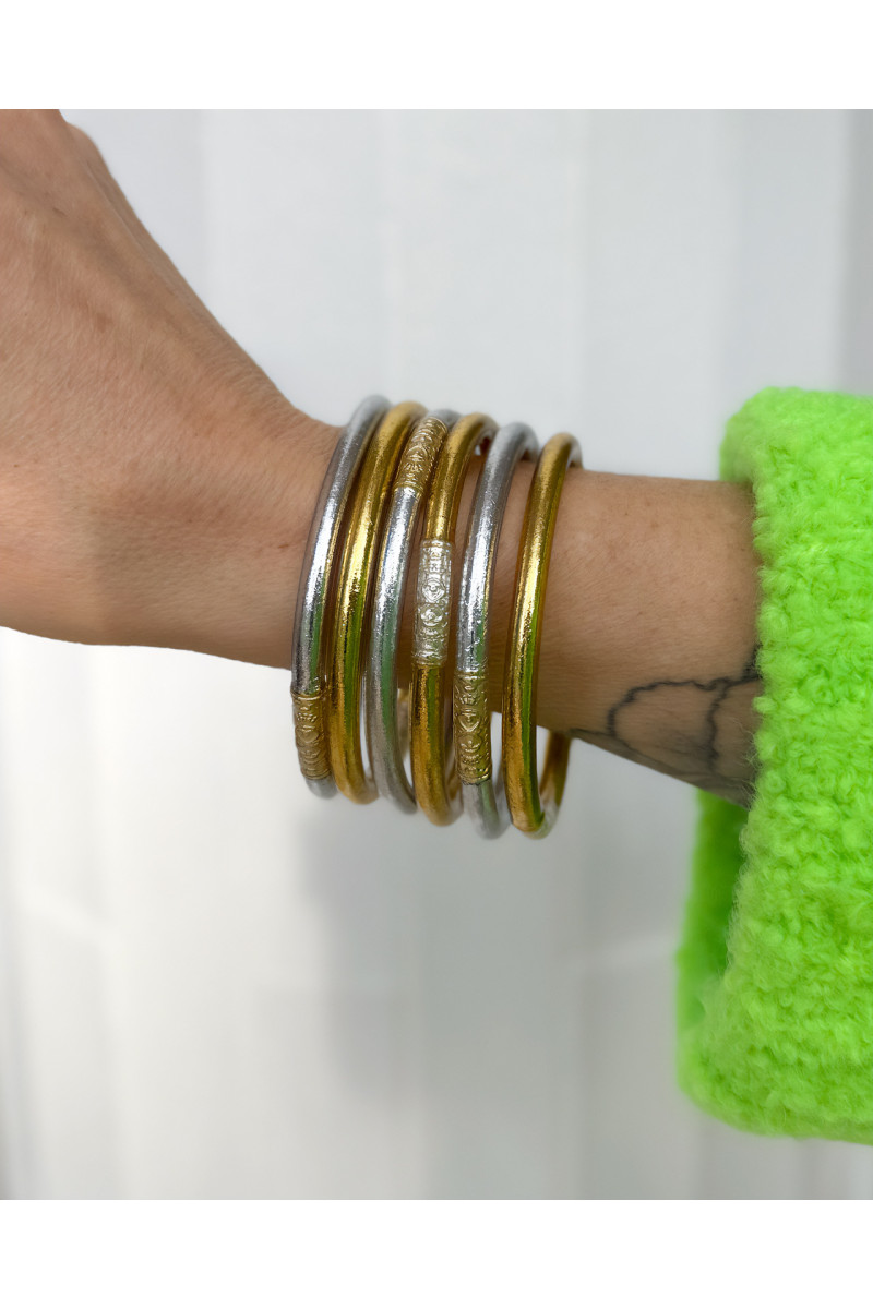 Set of 6 Buddhist bangles, two-tone SILVER and GOLD