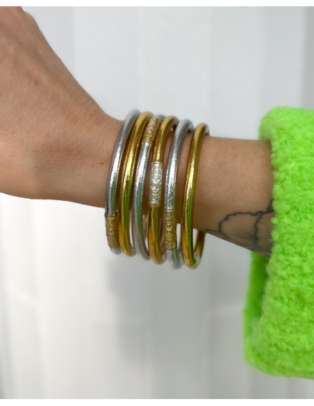 Set of 6 Buddhist bangles, two-tone SILVER and GOLD