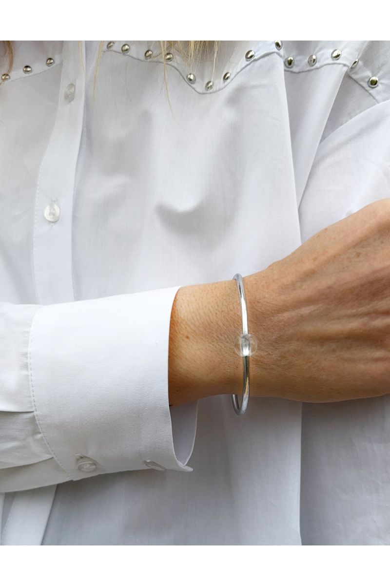 Thin SILVER Bangle with WHITE QUARTZ