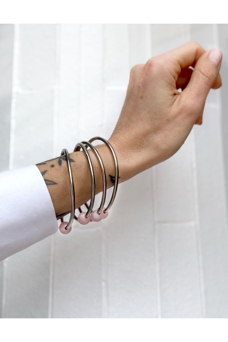 Thin DARK SILVER Bangle with ROSE QUARTZ