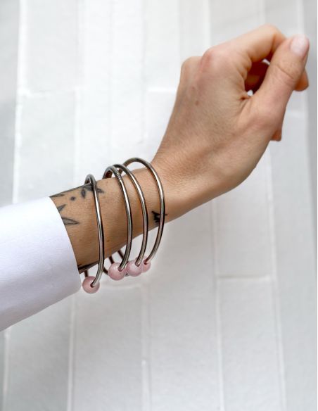 Thin DARK SILVER Bangle with ROSE QUARTZ