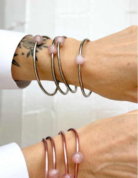 Thin DARK SILVER Bangle with ROSE QUARTZ